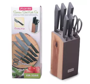 Набор ножей и ножницы Kamille 7 предметов из нержавеющей стали на деревянной подставке KM-5044