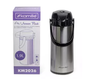 Термос Kamille 1900мл пластиковый со стеклянной колбой  (чёрный/серебро) KM-2026