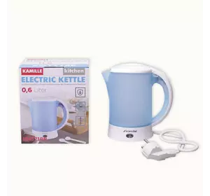Чайник электрический Kamille 0.6л пластиковый (белый/голубой c чашками и ложками)