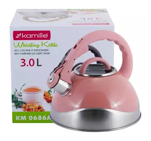 Чайник Kamille Розовый 3л из нержавеющей стали со свистком и стеклянной крышкой для индукции и газа KM-0686A